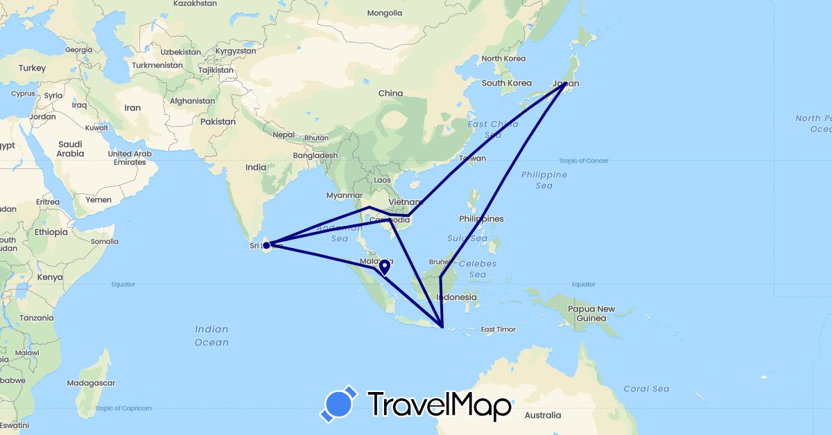 TravelMap itinerary: driving in Indonesia, Japan, Cambodia, Sri Lanka, Malaysia, Philippines, Singapore, Thailand, Vietnam (Asia)